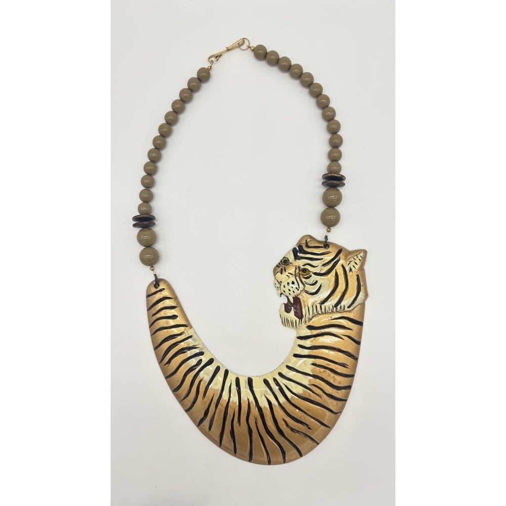 Huge Vintage Hand Painted Tiger Statement Necklace - Picture 2 of 7